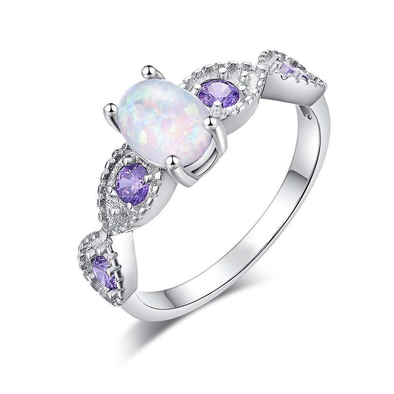 CiNily White Fire Opal Amethyst Ring Women Jewelry Gemstone Silver Plated Ring Size 7 - Image 1